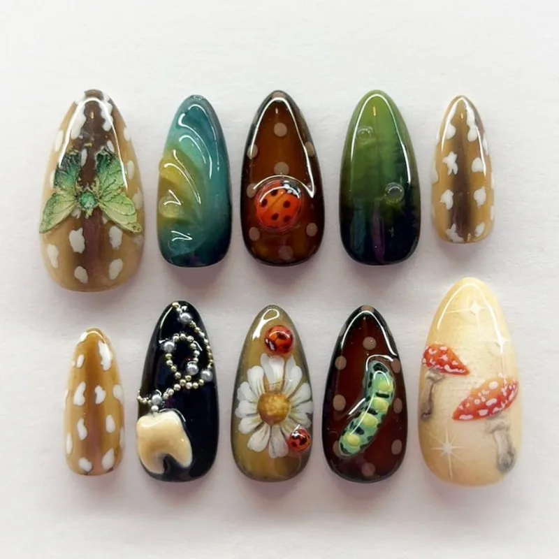 

24Pcs False Nails Forest Print Almond Shape Butterflies Mushrooms and Polka Dots Press-On Nails—Perfect As A Gift for Girls