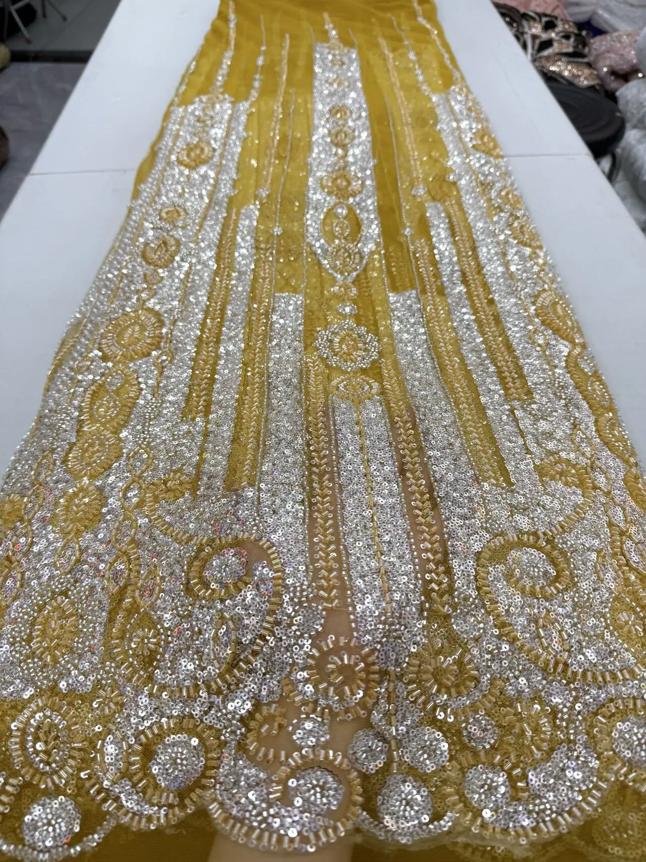 

Luxurious African Groom Sequins Lace Fabric High Quality 2025 French Embroidery Heavy Beaded For Nigerian Wedding Party Dress