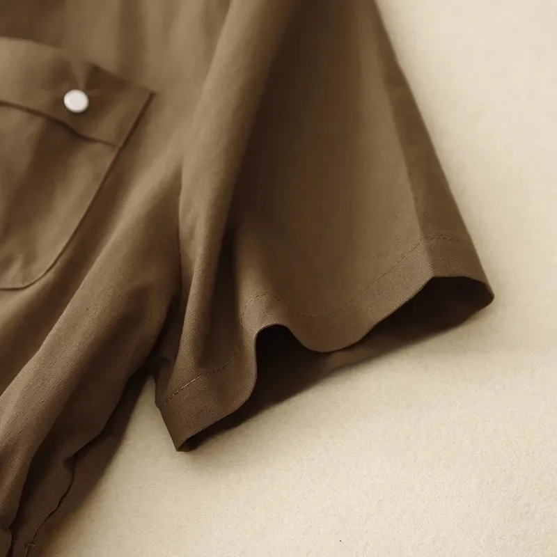 팝 오피스 레이디 폴로 칼라 셔츠 드레스 뉴 여름 드로우 스트링 포켓 미디 드레스 솔리드 빈티지 데일리 드레스 streetwear