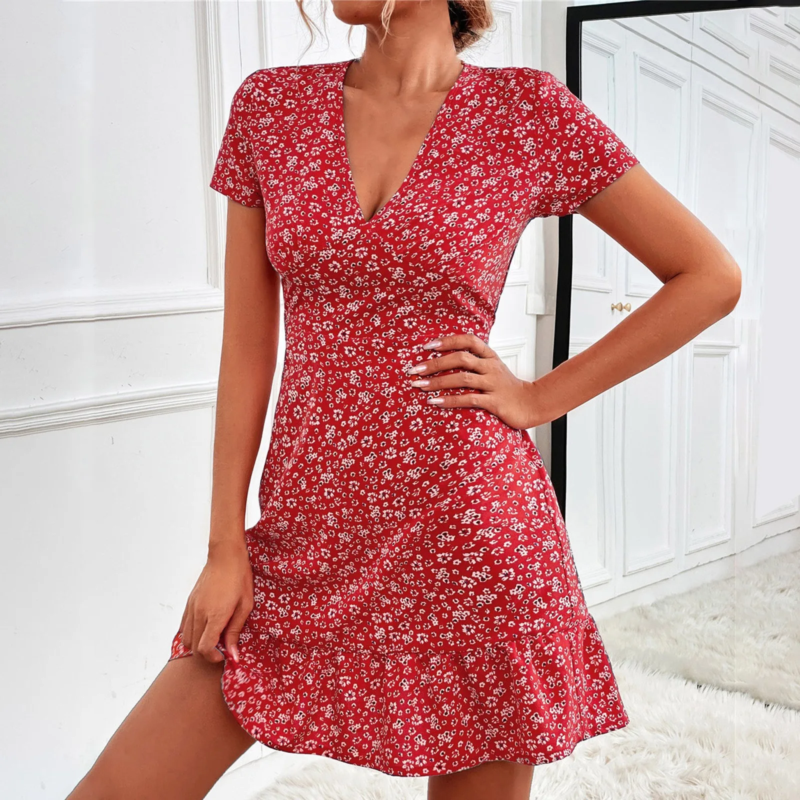 

Women's Dress 2024 Summer Sexy Deep V Neck Short Sleeve Mini Dresses Fashion Vintage Floral Printed Elegant A Line Dress