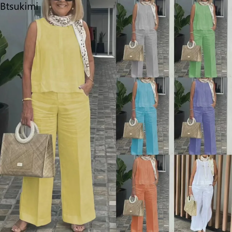 

Women's Spring Summer Cotton Linen Solid Sleeveless Vest Tops and Pant Sets Vintage Pocket Elegant Female Office 2 Piece Sets