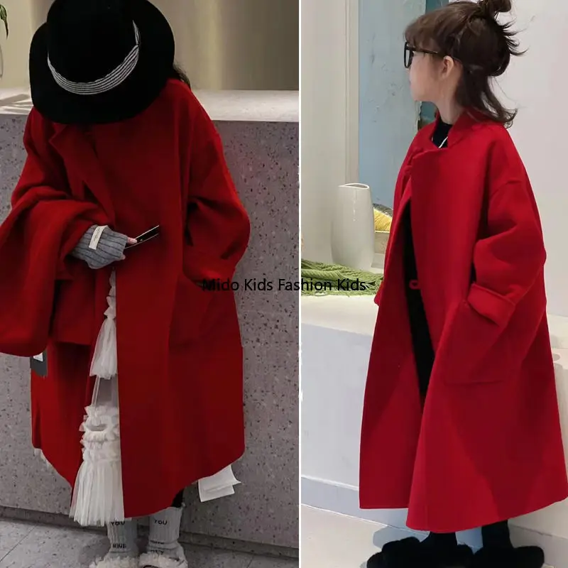 Girls' Korean Style Double-sided Cashmere Coat, Autumn Winter Children's Woolen Coat, Trendy Girls' Red Long Coat