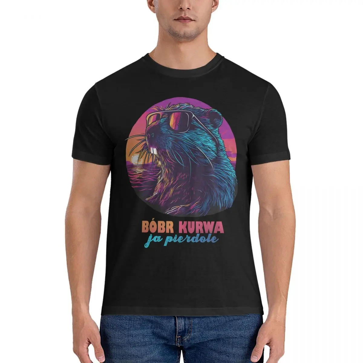 Leisure Synthwave Polish Beaver Meme Ja Pierdole  Men Round Collar Pure Cotton T Shirts Bobr Kurwa Short Sleeve Printing Clothes