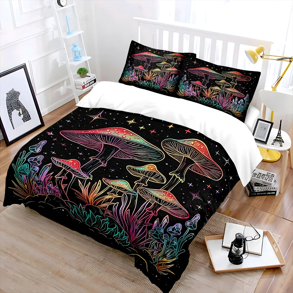 

Rainbow mushrooms under starry background Bedding Set for Kids Luxury Gift 3pcs Digital Print Comforter Set Soft Comfortable