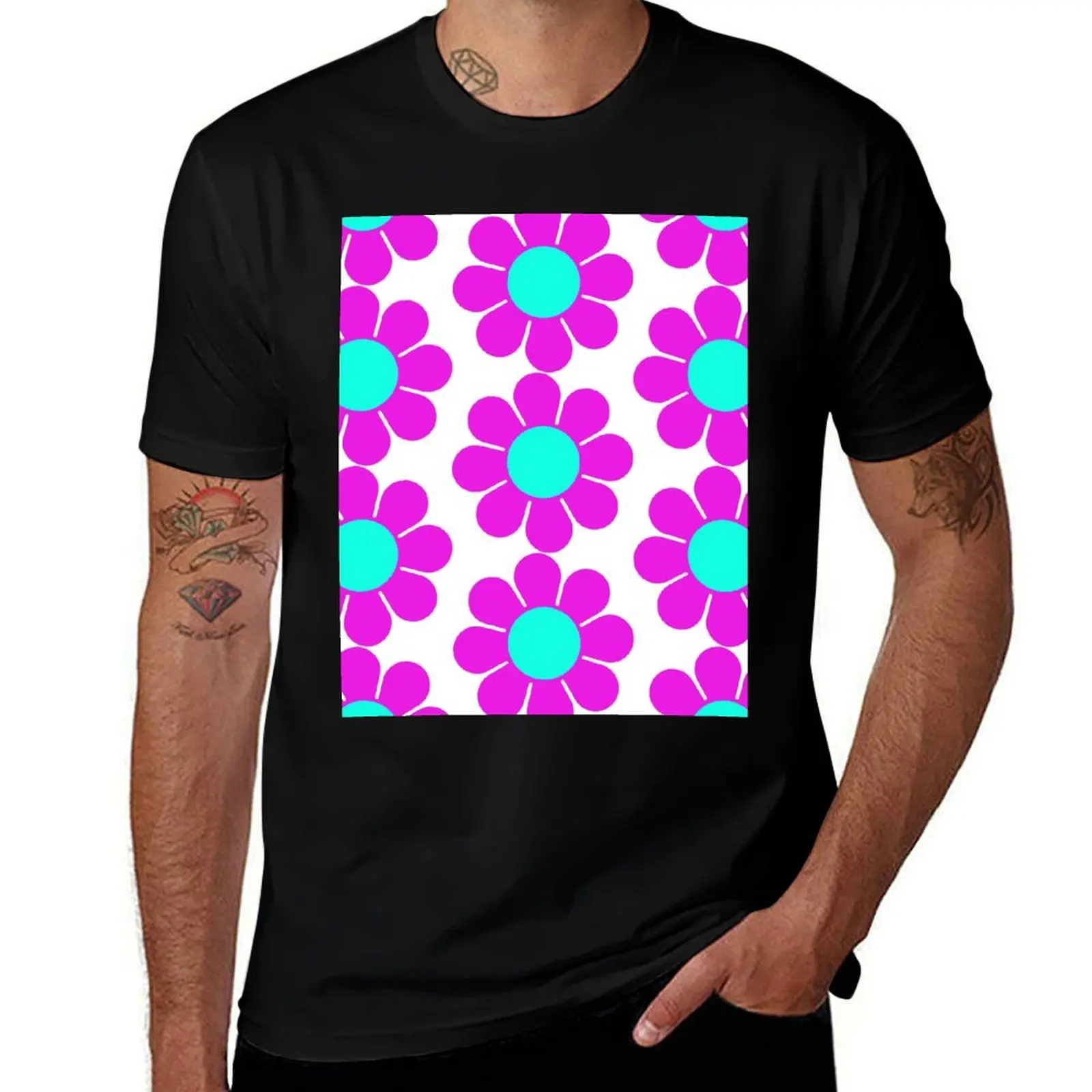 

Pink Teal Turquoise Hippie Flower Daisy T-Shirt anime tshirt t shirt man plain man t shirts for men T-Shirt