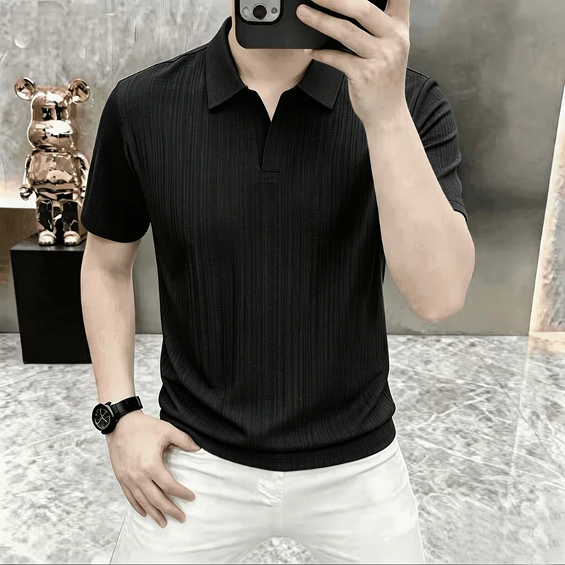 Summer New Style Men's Slim-Fitting Breathable Vertical Stripes Silk Collar Knitted Business Casual