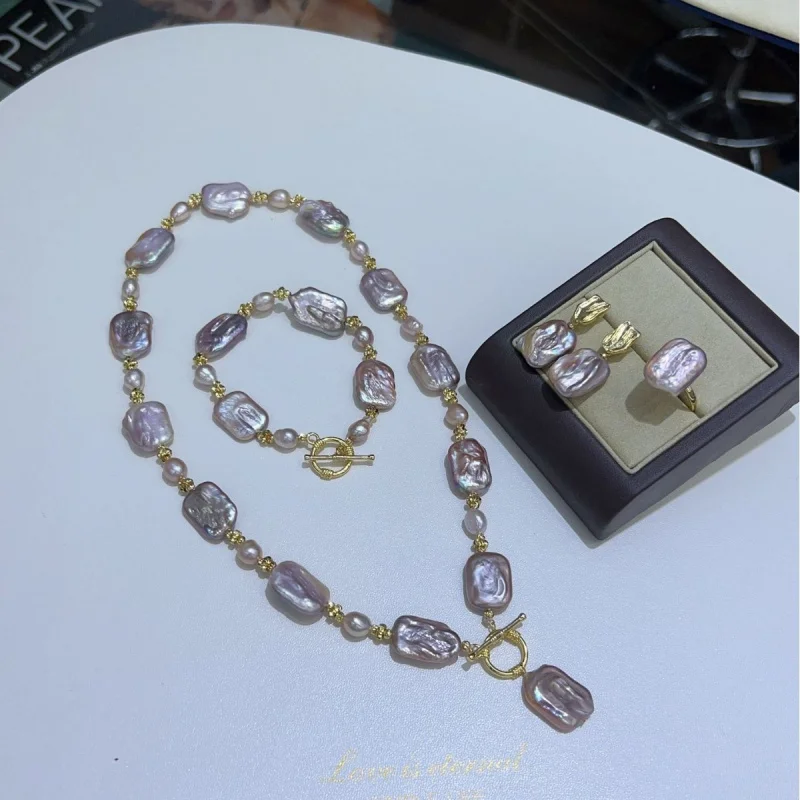 

Женский комплект ожерелья из натурального пресноводного жемчуга в стиле барокко, нишевый дизайн с ощущением изысканности, летний квадратный браслет и