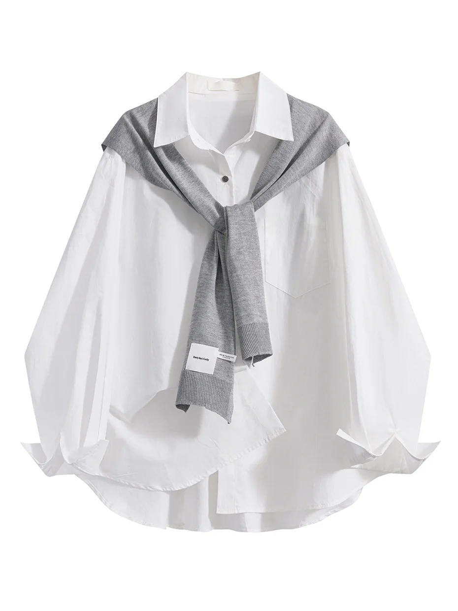 

Белый комплект из двух предметов: рубашка с длинным рукавом и шаль, женский свободный повседневный топ в корейском стиле, новинка весны 2026, с оригинальным дизайном