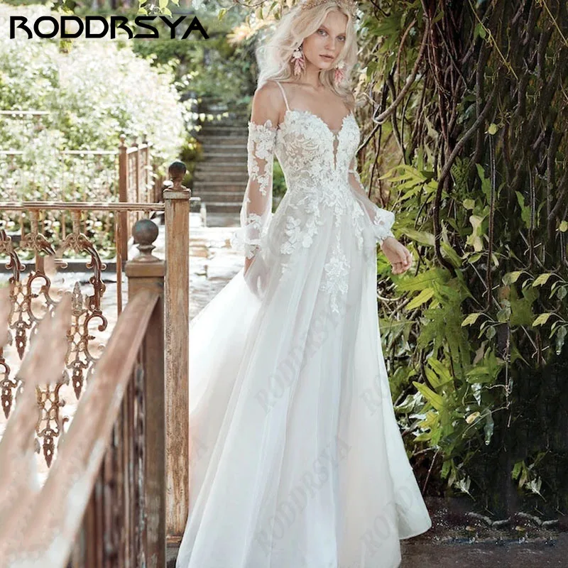 

RODDRSYA Sweetheart Boho Wedding Dresses A-Line Long Sleeve Custom Made For Women Lace Spaghetti Straps Backless Bride Party