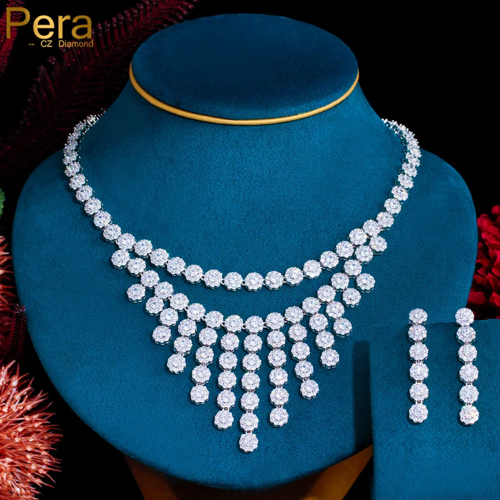 

Pera Gorgeous Silver Color Micro Full CZ Pave Long Tassel Flower Pendant Necklace Earrings for Women Wedding Jewelry Sets J408