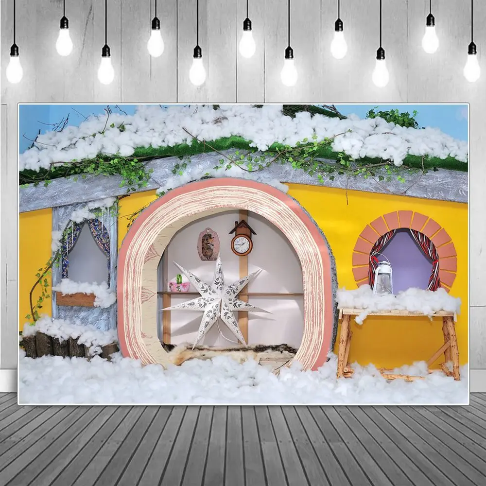 Gnome Hut Decor Photography Backgrounds Fairy Tale Snow Star Light Round Door Dwarf Cabin Backdrop Photographic Portrait Props