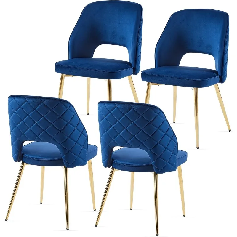 Modern Dining Chair Set of 4, Navy Blue Velvet Fabric Upholstered Accent Chairs with Golden Metal Legs, Round Back Side Chairs