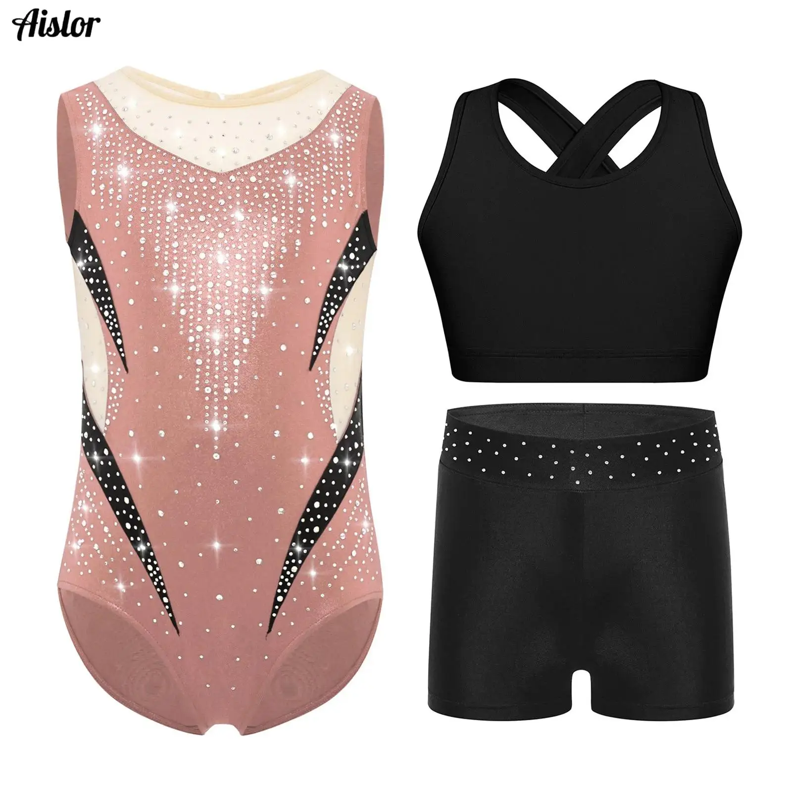 

Kids Girls Gymnastics Figure Skating Dance Bodysuit Sleeveless Mesh Patchwork Shiny Rhinestones Metallic Leotard+Vest+Shorts