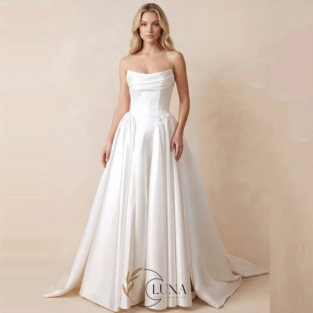 Luna Customized Strapless Satin Ball-Gown Corset Wedding Dress with Removable Sleeves in White Buttons Back