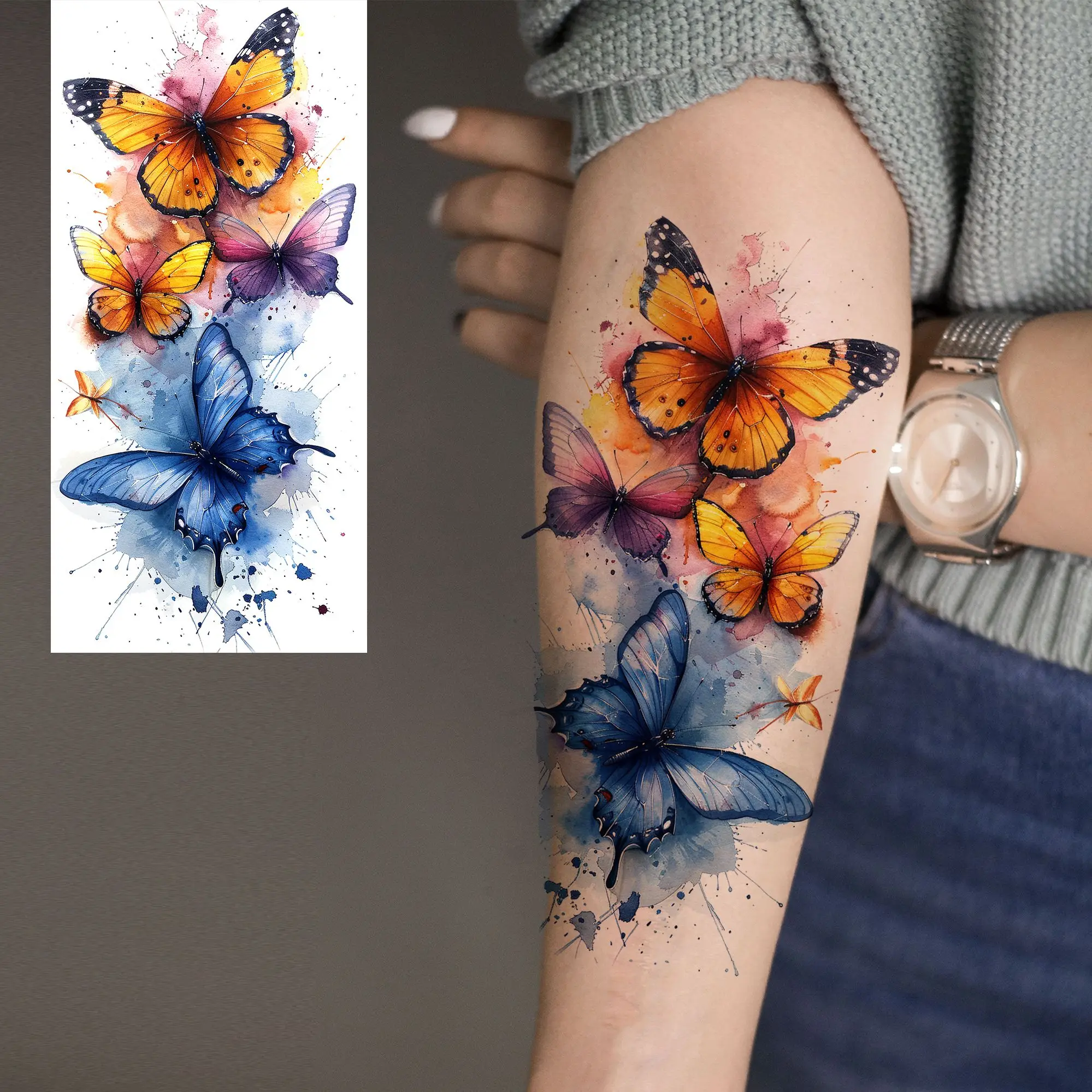 1 Sheet Beautiful Watercolor Flowers Butterfly Temporary Tattoos For Women Waterproof Realistic Fake Tattoo Sticker Long Lasting 6