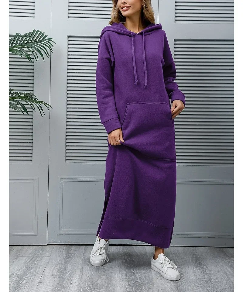 Bluzy z kapturem Sukienka dla kobiet Moda 2024 Sznurowana sukienka midi z kapturem Długa sukienka z kapturem Vestidos Zimowa ciepła luźna bluza na
