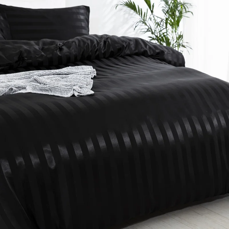 3 Pieces Satin Striped Duvet Cover Set, Luxury Silky Like Black Stripe Duvet Cover Bedding Set with Zipper Closure,Pillow Cases