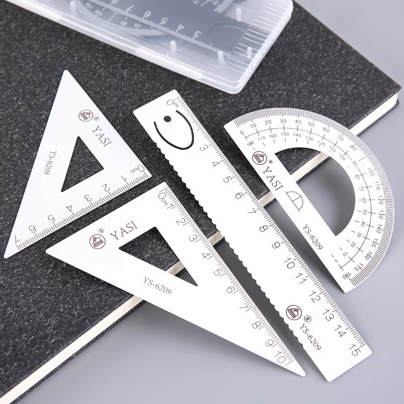 4Pcs Set Metal Ruler Set Ruler Triangle Student with Metal Protractor Iron Ruler Boxed Geometric Math Drawing Tools School