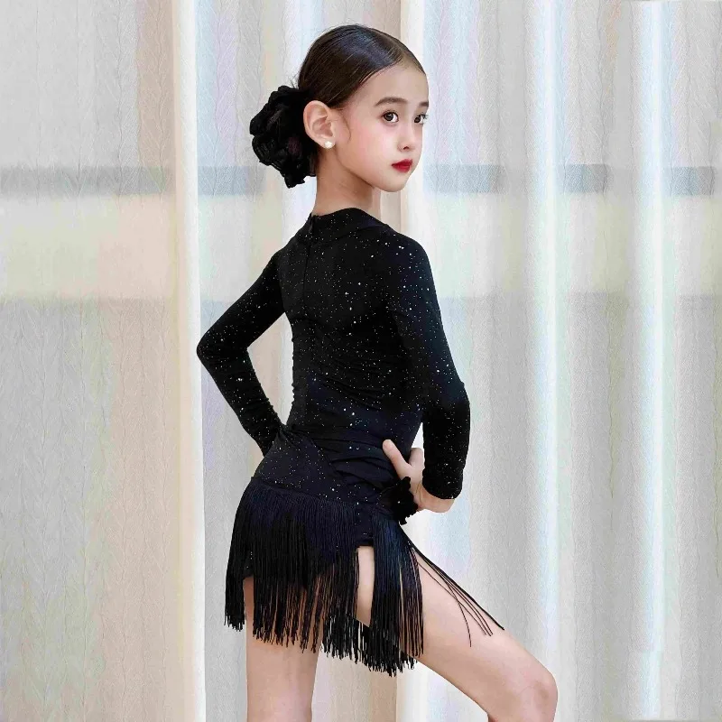 Vestido profesional de baile latino ostentoso para niños, vestido de baile latino con flecos, ropa de baile profesional Samba Chacha