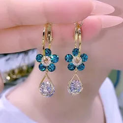 S925 Silver Needle Purple Blue Crystal Flower Drop Earrings 2024 Trendy Design Female Luxury Shining Zircon Earrings Wholesale
