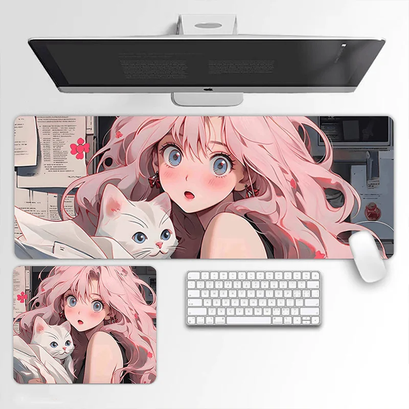

Rubber Non-slip Mouse Pad Pink-haired Girl & Cat Anime Style Small/Large Gaming Office Universal Mouse Pad Desk Mat