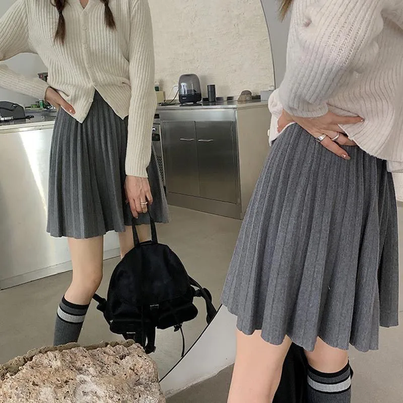 Herbst Winter frauen Rock College Stil Alle-Spiel Einfarbig Gestrickte Falten Röcke Casual Einfache Hohe Taille Mini röcke