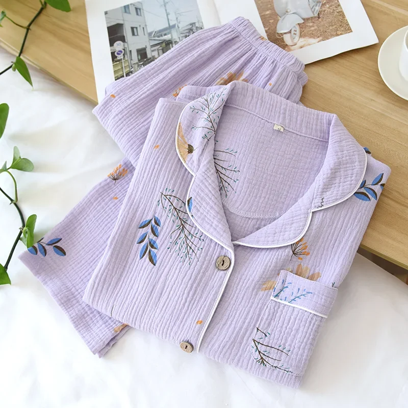 Women Cotton Gauze Pajamas Long Sleeve Spring Pajama Set Purple Lavender Print Sleepwear 2 Piece Casual Loose Sexy Nightwear