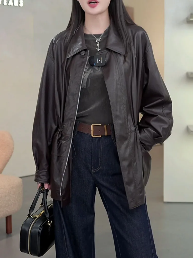 

Коричневый женский кожаный тюнет в стиле ретро с русалкой, осенний новый модный универсальный топ большого размера с высокой талией, корейская версия