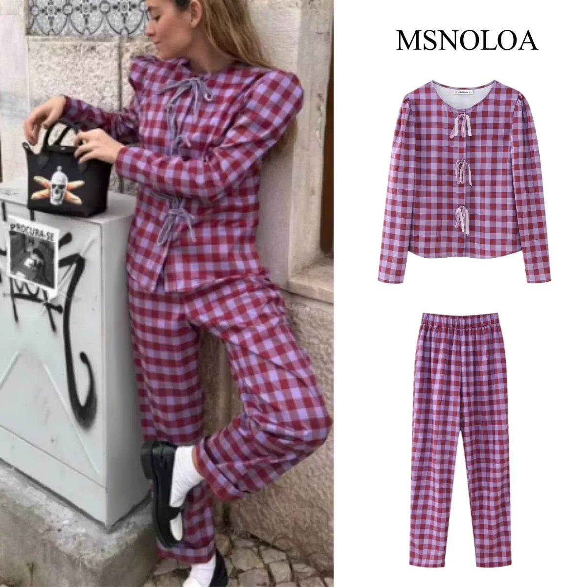 Purple Plaid Lace Up Blouse Pant Suit For Women Long Sleeve Shirt High Waist Trousers Female Fashion Y2K Streetwear Set