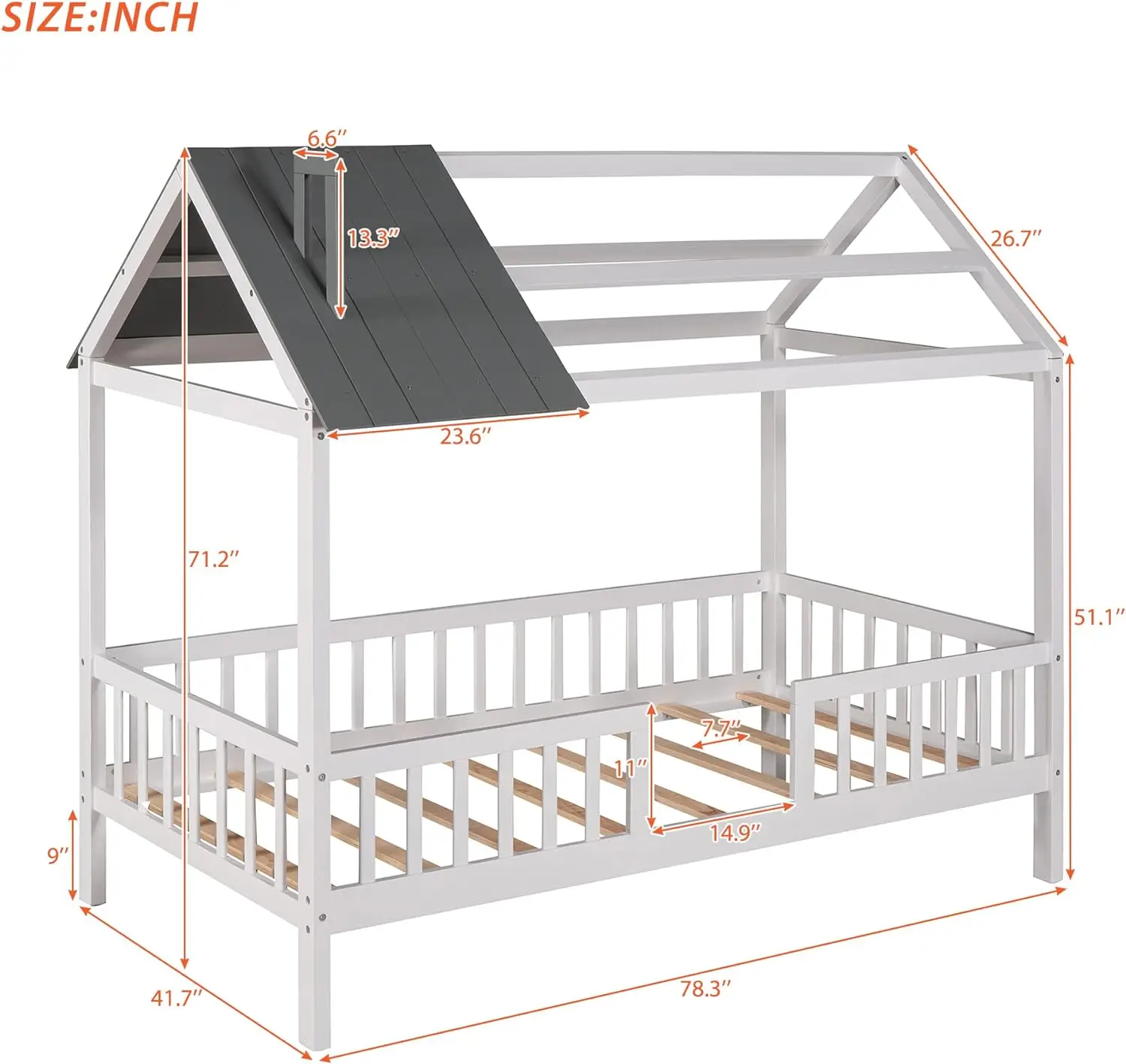 Maison jumelle Merax pour enfants, cadre de lit jumeau en bois en forme de maison, cadre de plate-forme de lit avec fenêtres de toit et pleine longueur