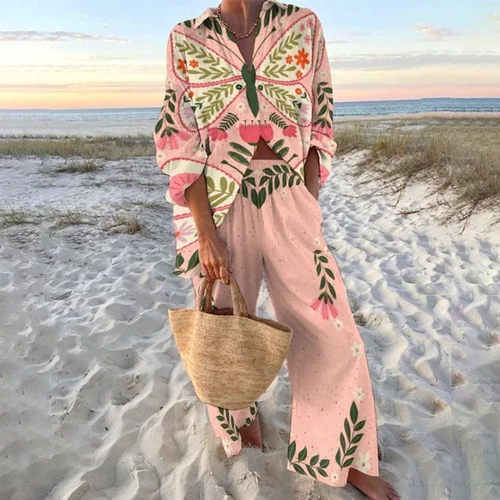 Imagen 2 del producto Conjunto de 2 piezas con estampado holgado para mujer, cárdigan con botones, blusas, pantalones de pierna ancha, traje informal de dos piezas para vacaciones en la playa