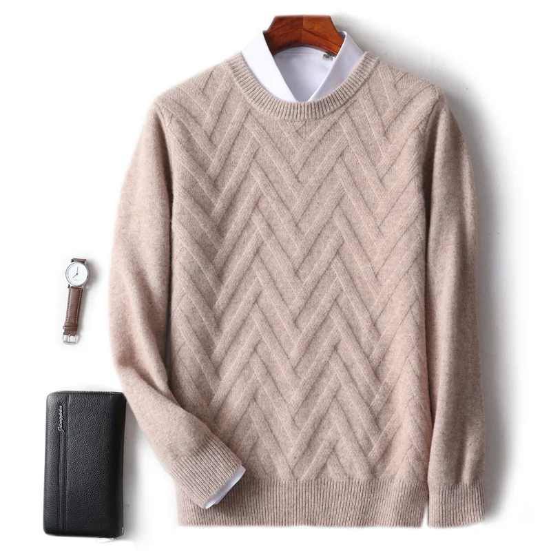 

100% Merino Wool Men Pullover O-Neck Long Sleeve Sweater Knitwear Autumn Winter Thickened Warm Light luxury Clothing