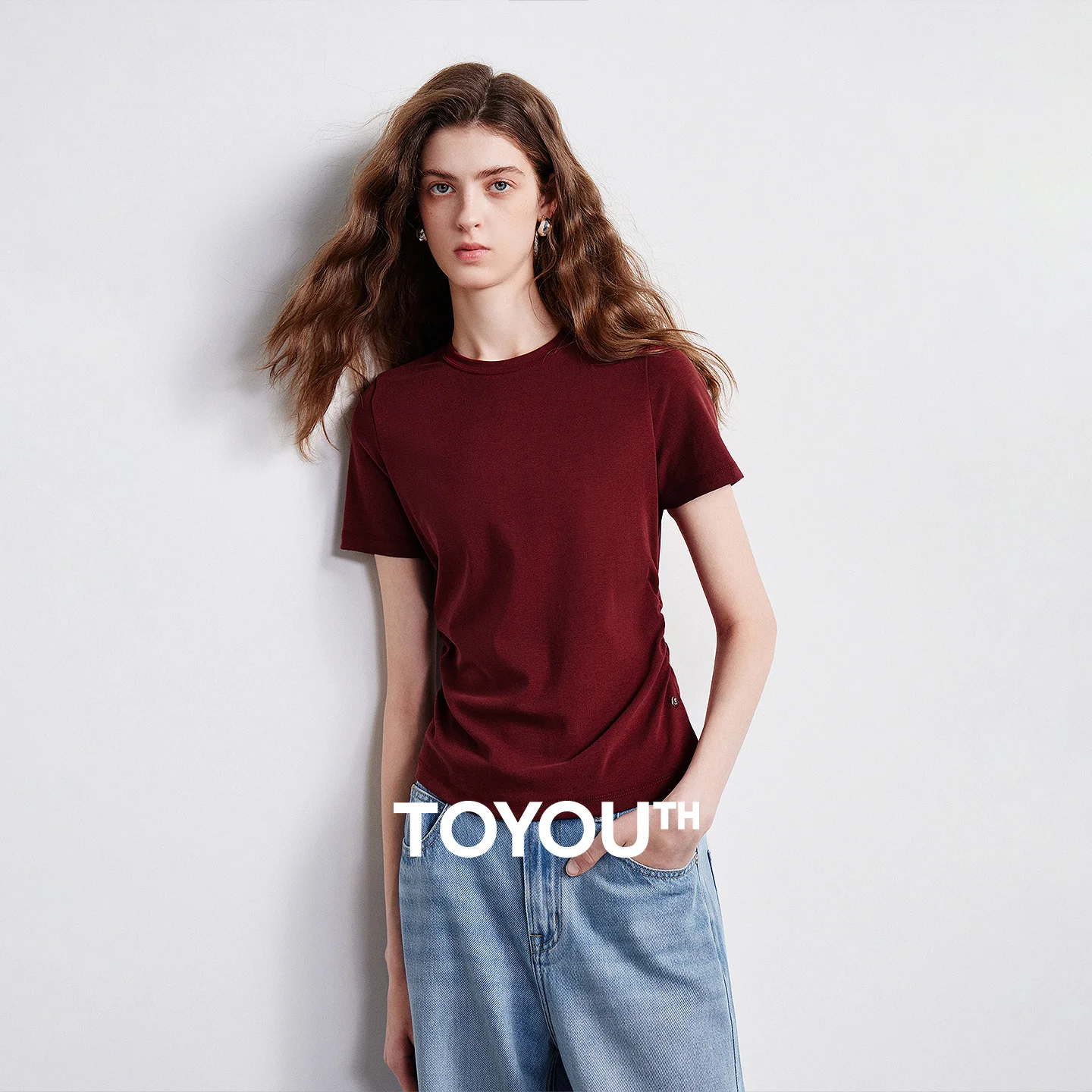 TOYOUTH Women T-shirt 2026 Summer New Lyocell Cotton Round Neck Waist Cinched and Fitted Front Shoulder Top