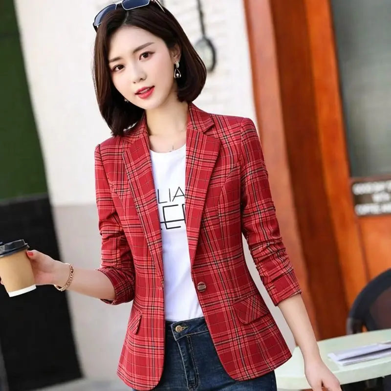 Temperament Plaid Suit Jacket Woman New Spring Summer 2026 Fashion Blazer Coat Ladies Short Slim Outwear Long-Sleeved Overwear
