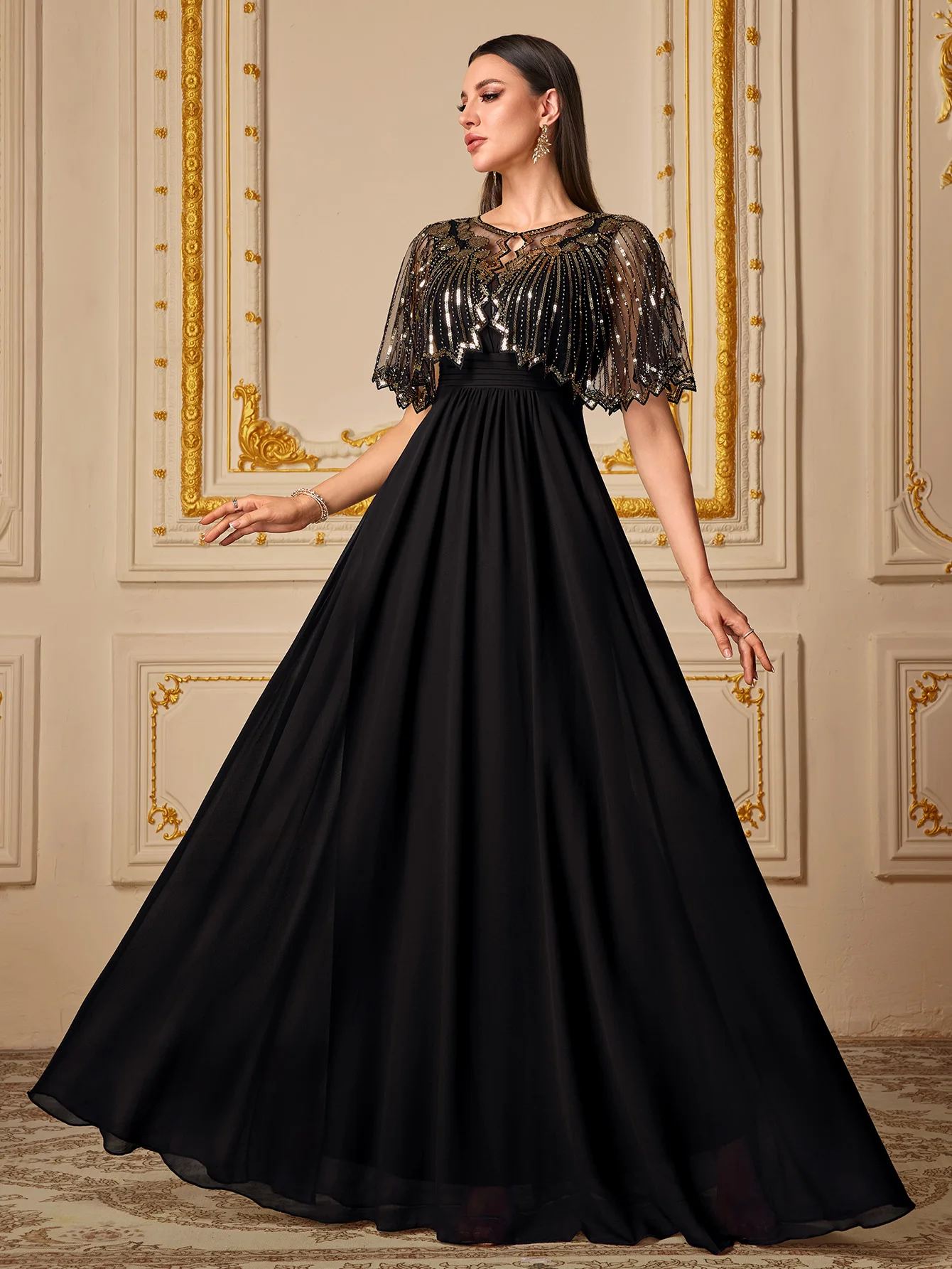 

UNITHORSE【Detachable】Sparkle Sequin Cape Sleeveless Convertible Chiffon Evening Banquet Party Bridesmaid Dress