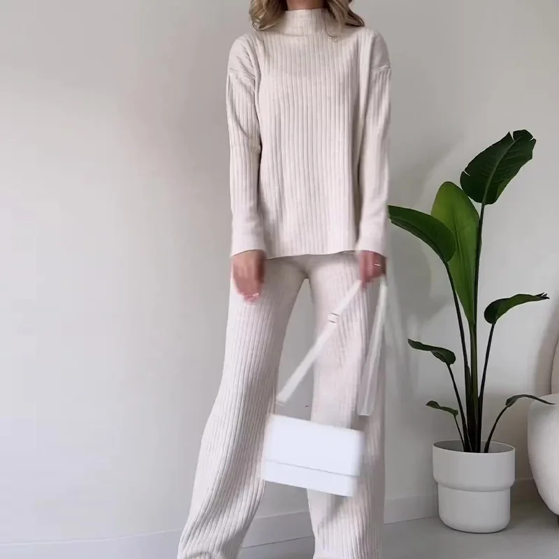 Wide Leg Pant Set Women Two Piece Sets Solid Turtleneck Full Sleeve Knitted Casual Loose Tops Elastic Waist Long Pants 2024