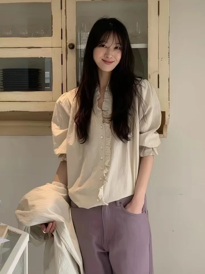 

Slimming Long Sleeve V-Neck Shirt with Wood Grain Ruffle Design Cotton Breathable Women's Business Casual Style Fashion