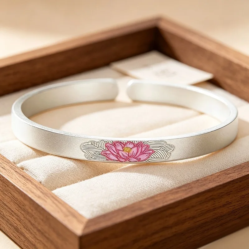 Enamel Pink Lotus Flower Elegant Chinese Style 925 Sterling Silver Resizable Opening Bracelet For Women Fine Bangle BR405