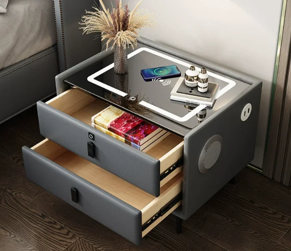 

Multi-functional smart bedside cabinet with premium luxury bedroom storage, wireless charging, Bluetooth speaker, and bedside de