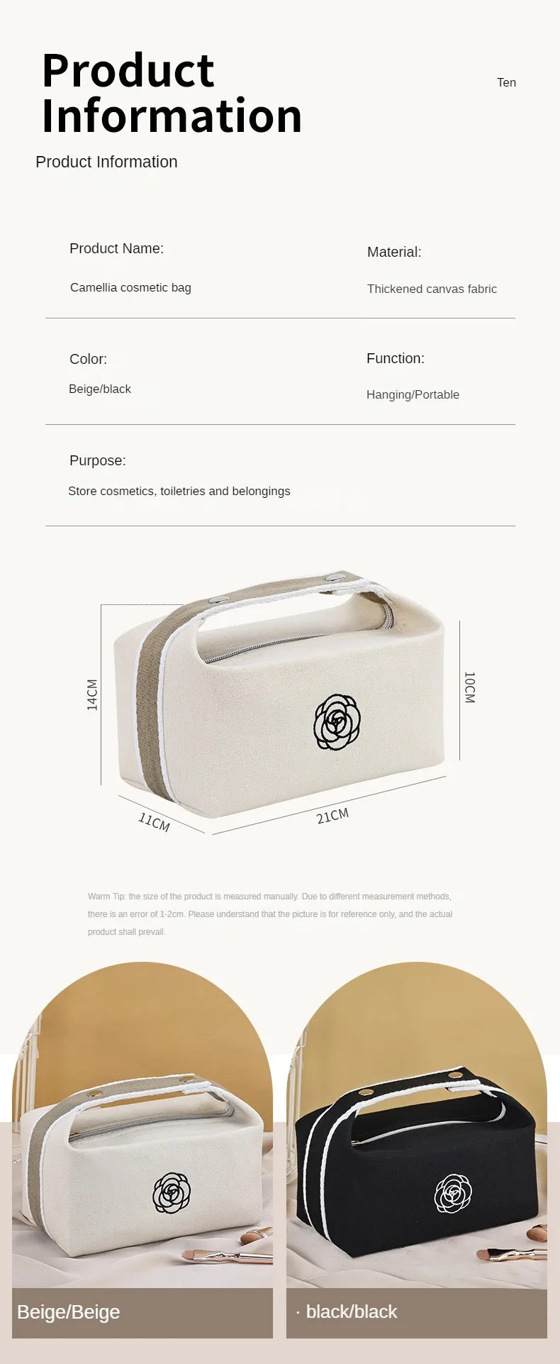 Hochwertige tragbare Make-up-Tasche aus Kamelien-Canvas für Reisen, großes Fassungsvermögen, Aufbewahrungstasche für Toilettenartikel, Kosmetik, Hautpflege – Detail 7