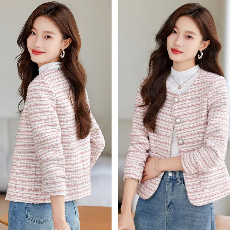 Spring Autumn Women Blazers 2024New Fashion O-neck Long Sleeved Short Jacket Lady Office Suit Coat Female Small Fragrance Jacket