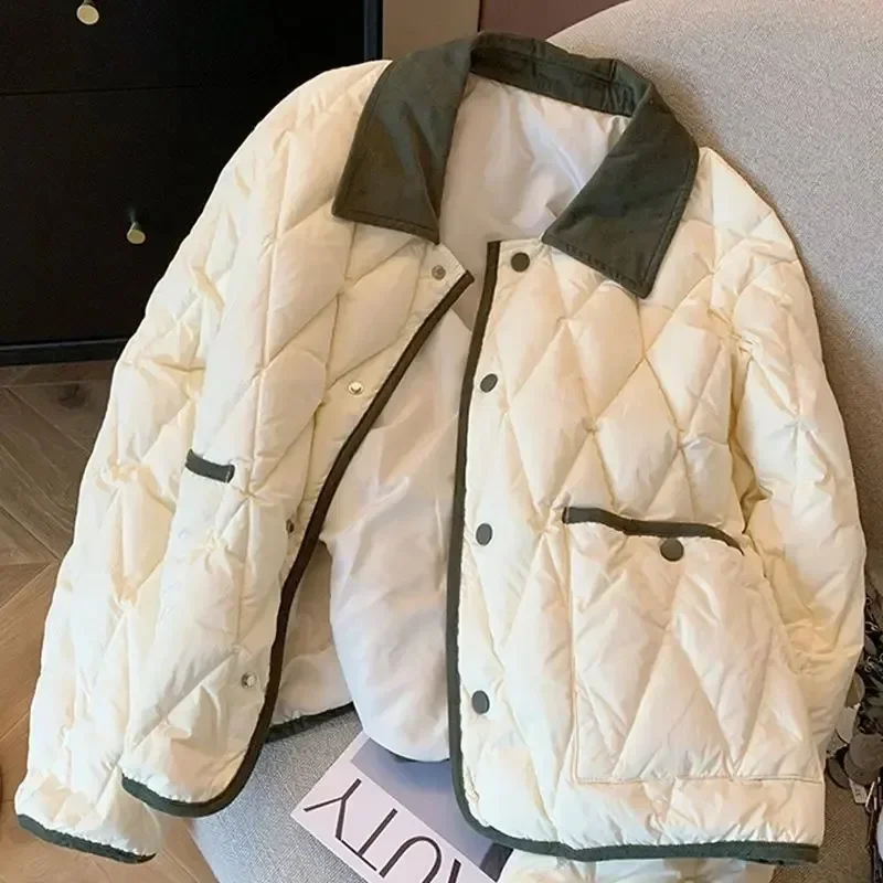 2024Fashion Loose All-match Short Lightweight Quilted Jacket Color Contrast Rhombic Lapel Cotton-padded Coat Autumn/Winter Women