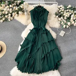 New Miyake Oversized Loose Pleated Midi Dress Elegant Women's Ruffles Stand Collar Sleeveless Lace Up Waist Ball Gown Clothing