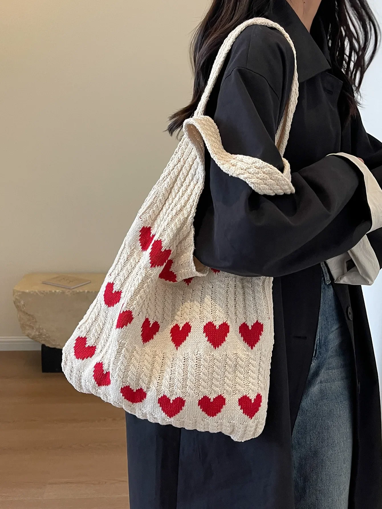 1pc Heart Pattern Color Blocking Crochet Handbag Shoulder Bag Large Capacity Fashion Beach Bag Versatile Commute Bag Large Bag