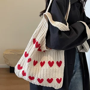 Kalp Desen Renk Blok tığ işi çanta, omuzdan askili çanta, Büyük Kapasiteli Plaj Çantası, Çok Yönlü bir Takas Çantası, Moda, 1 Adet Cebinizi tığlamak için en iyi 10 satış-no. 6