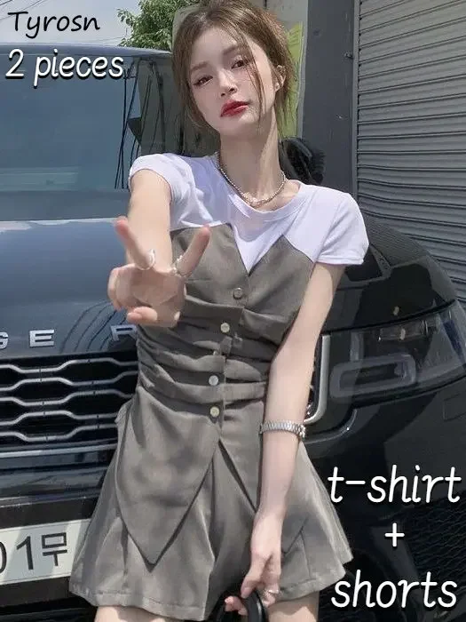 

Spliced T-shirts Sets Women Slim Sexy Design Personality Shorts Korean Style Elegant Daily Streetwear Folds Casual Ladies Summer