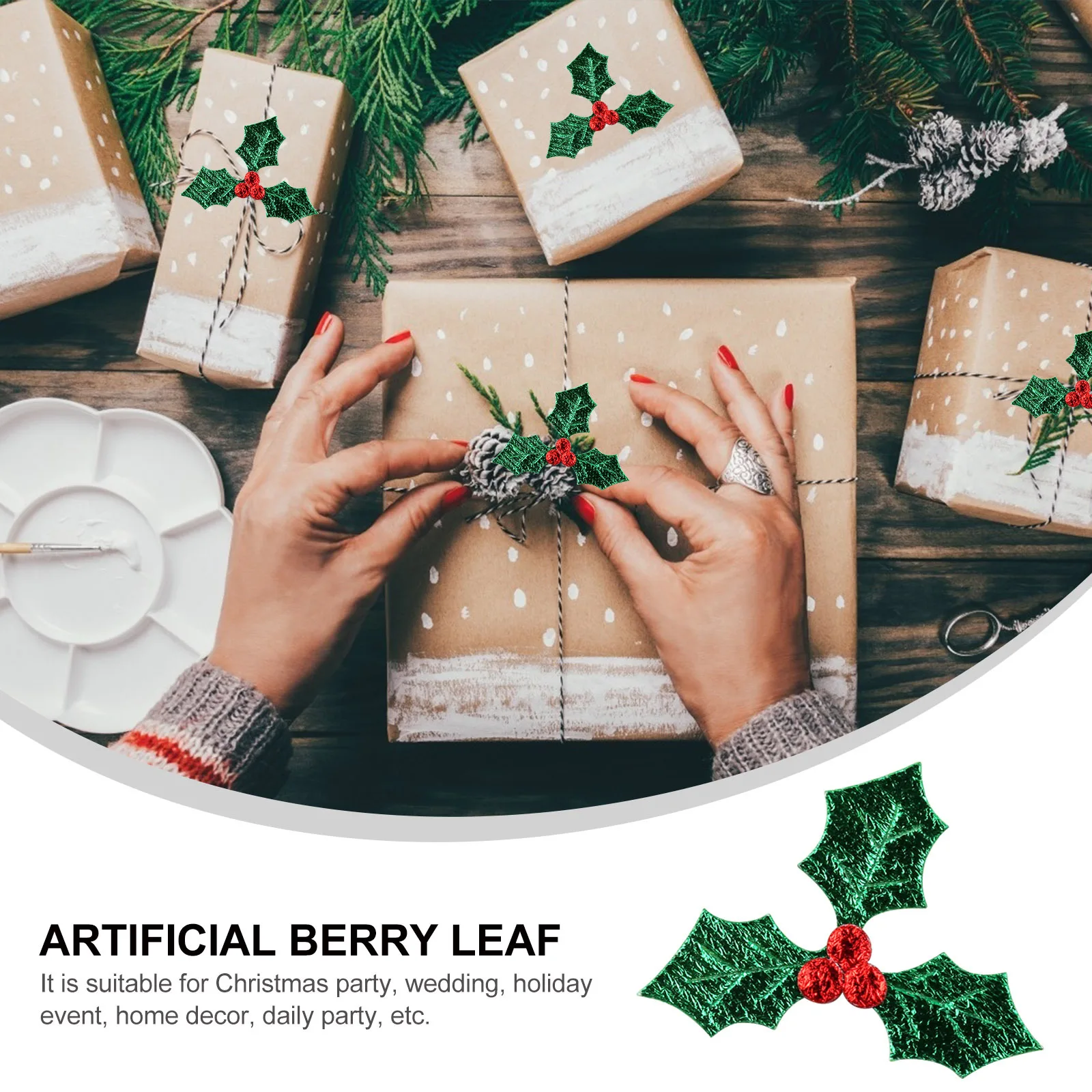 

100Pcs Fake Plant Christmas Berry Supplies Green Leaf Picks for DIY Embellishment Holiday Party Home Decoration