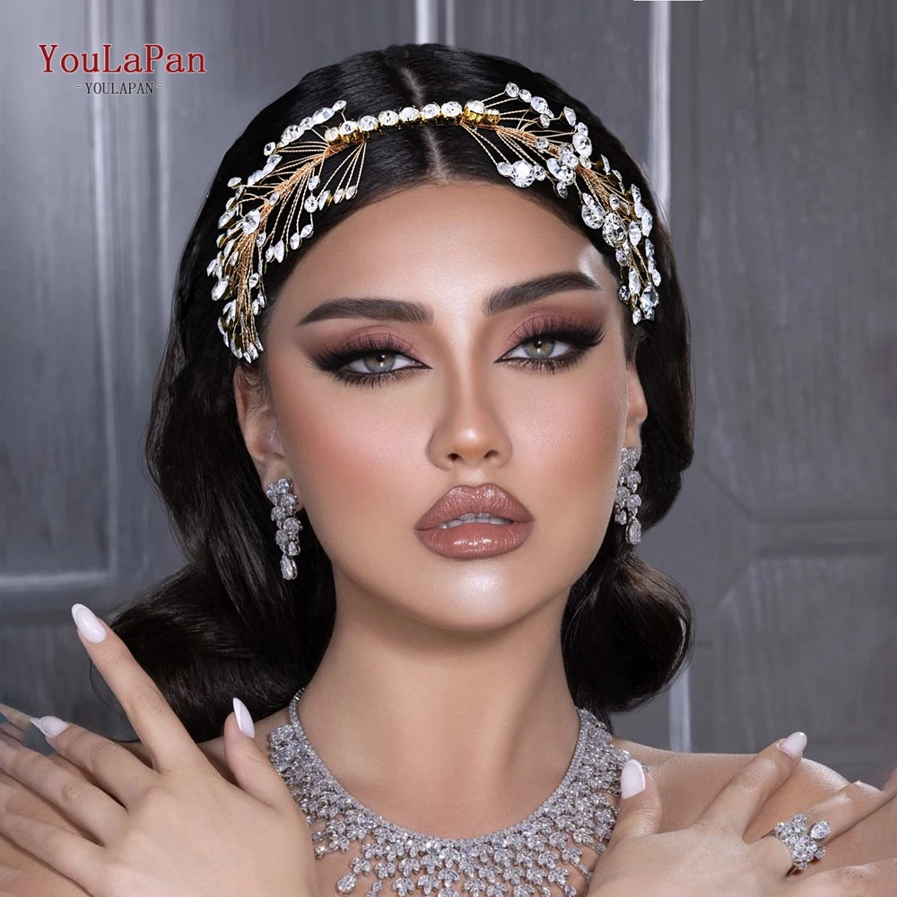 YoulaPan Noiva Rhinestone Gold Color Cabelo Hoop, Enfeites de Casamento para Noiva Tranças Headbands, Elegante Mulher Cabelo Festa, HP667