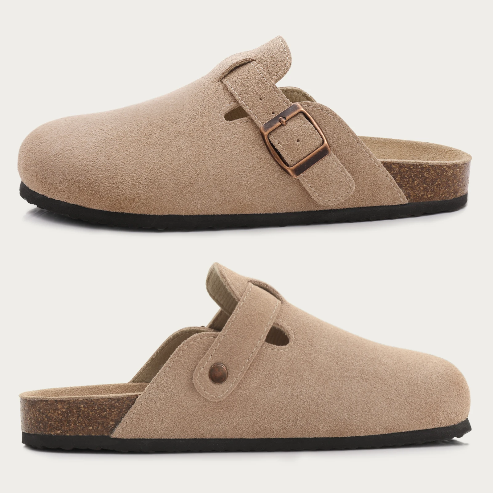 Shevalues Wildleder-Clogs für Damen und Herren, Sommer-Kork-Mules, Weiche Fußbett-Sandalen mit Fußgewölbestütze, Neue Freizeitmode, Echte Clogs – Detail 6