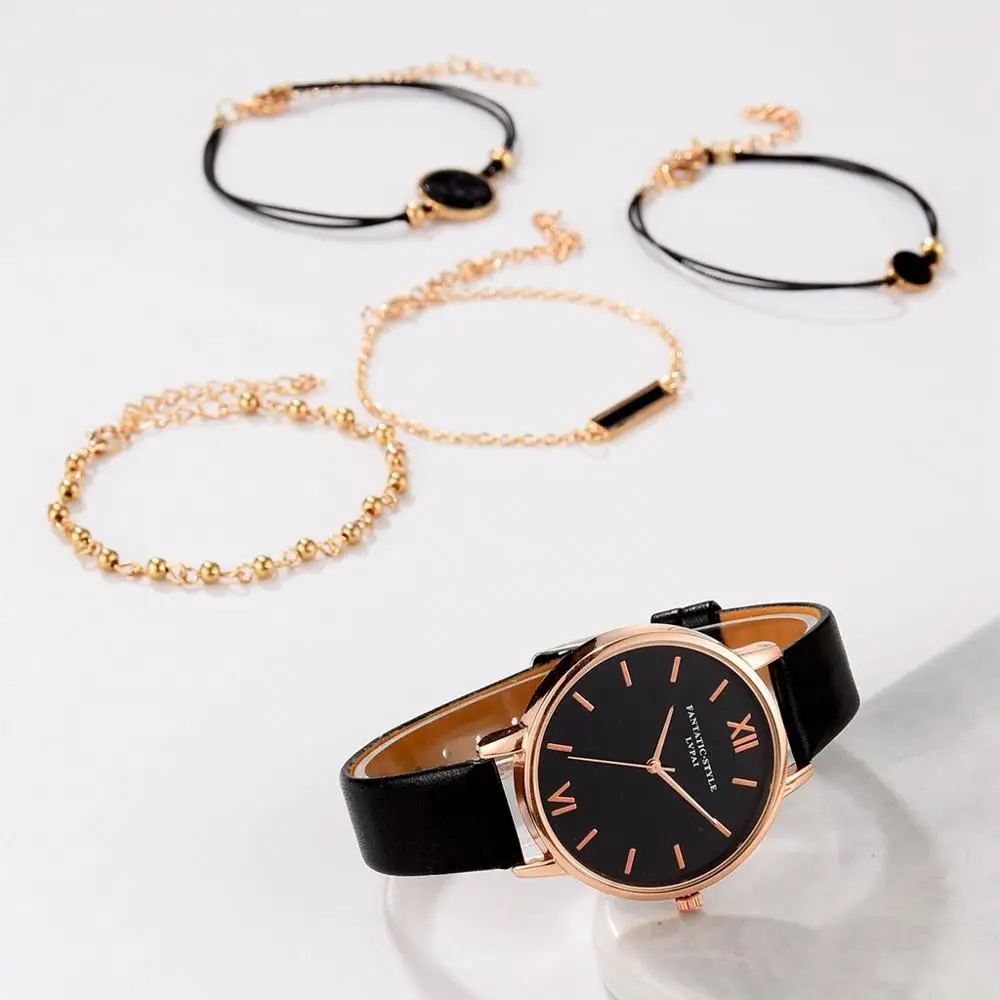 Reloj de pulsera de cuarzo analógico para mujer, con correa de cuero, negro, 5 uds., femenino